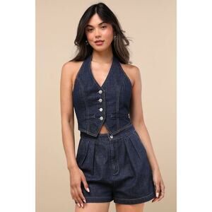 Lulus Jacquette Dark Wash Denim Pleated Halter Vest Romper Blue - Size XL